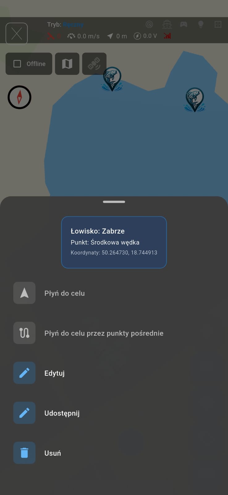 GPS do łódki zanętowej - nawigacja autopilota do punktu na mapie