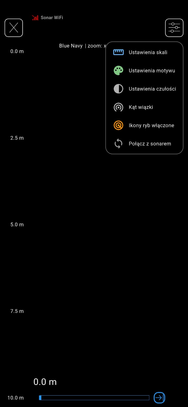 echosonda do łódki zanętowej - menu ustawień Extreme Master Sonar w aplikacji EXTREME ONE