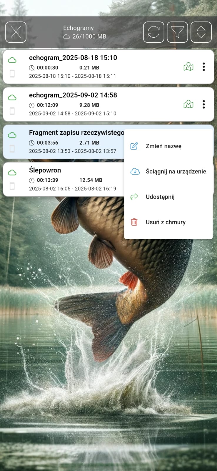 echosonda do łódki zanętowej - zarządzanie zapisanymi skanami w chmurze