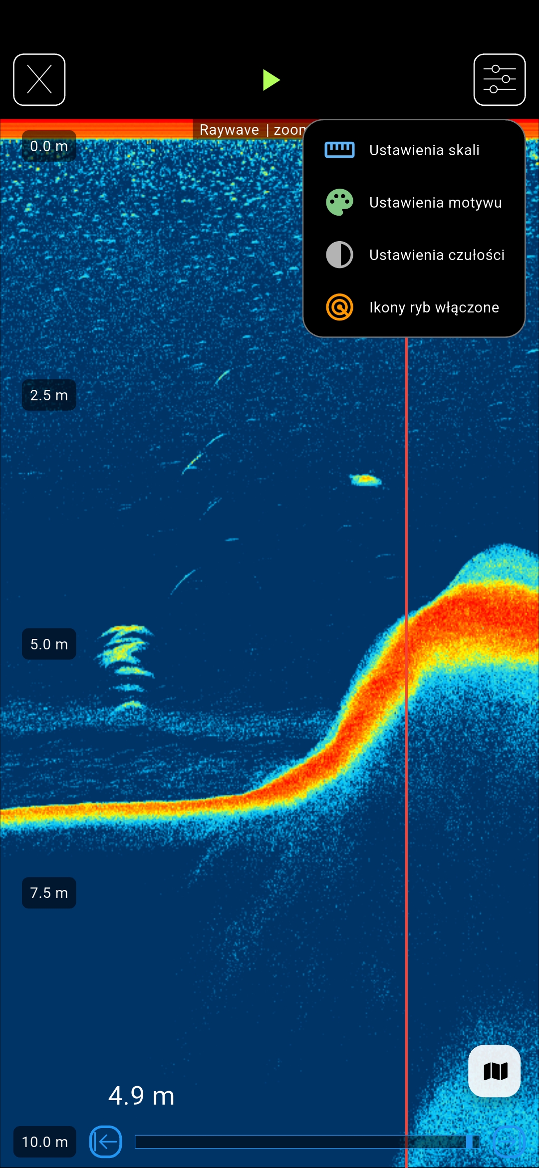 Extreme-Master Sonar menu ustawienia skala motyw czułość ikony ryb echosonda łódka zanętowa