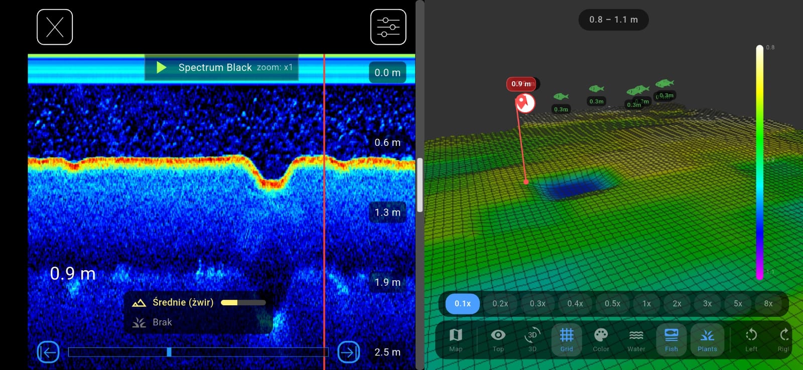 Aplikacja EXTREME ONE skan 3D łowiska - echosonda z mapą batymetryczną dna wykrywanie ryb echogram Spectrum Black