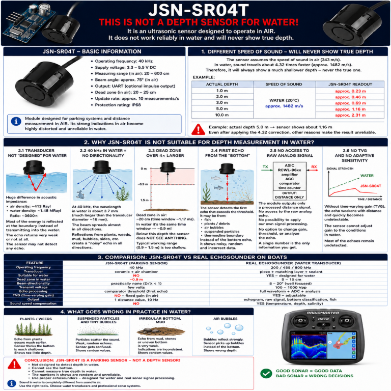 parking sensor JSN-SR04T (40 kHz) — why it never shows true depth underwater