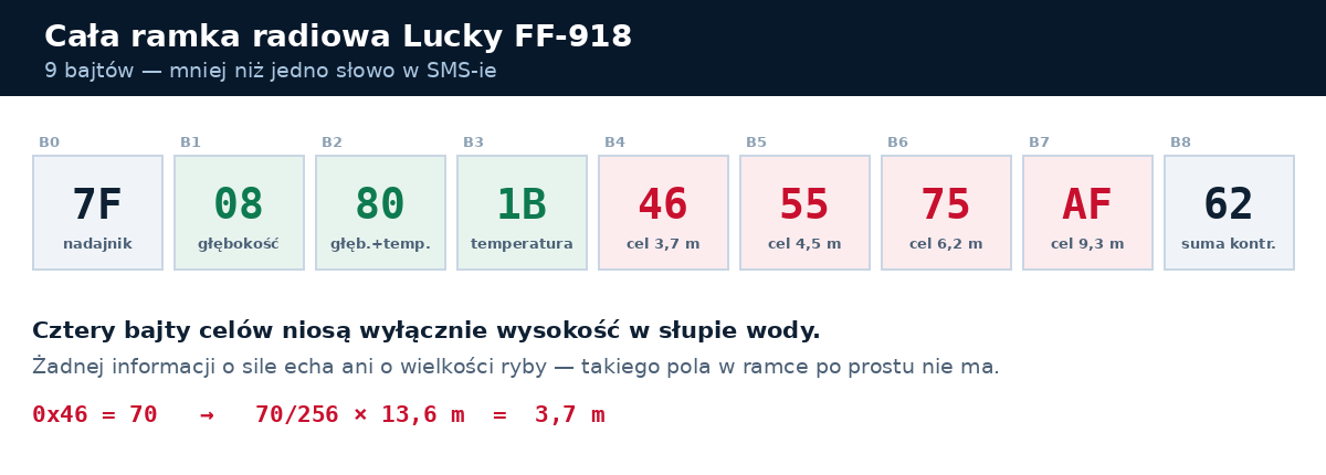 Ramka radiowa Lucky FF918: 9 bajtow - nadajnik, glebokosc, temperatura, cztery cele i suma kontrolna