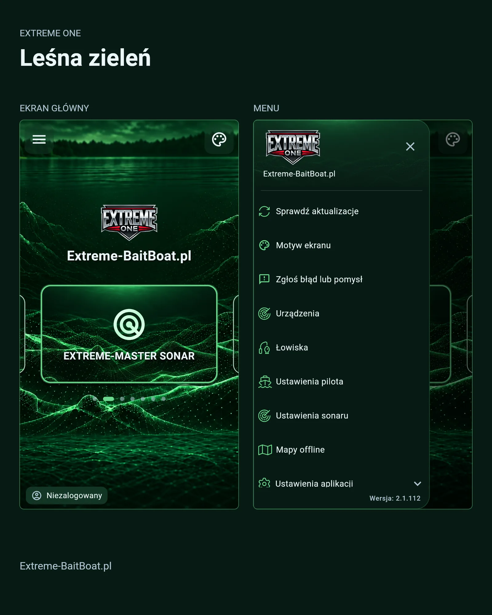 Motywy ekranu Extreme One 2.1.112 - Leśna zieleń, ekran główny i menu aplikacji do łódki zanętowej
