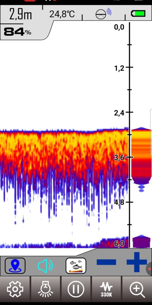 Ekran Erchang Sonar przy 2,9 m: pusta toń, prawdziwe echo dna i drugie odbicie przy 6 m