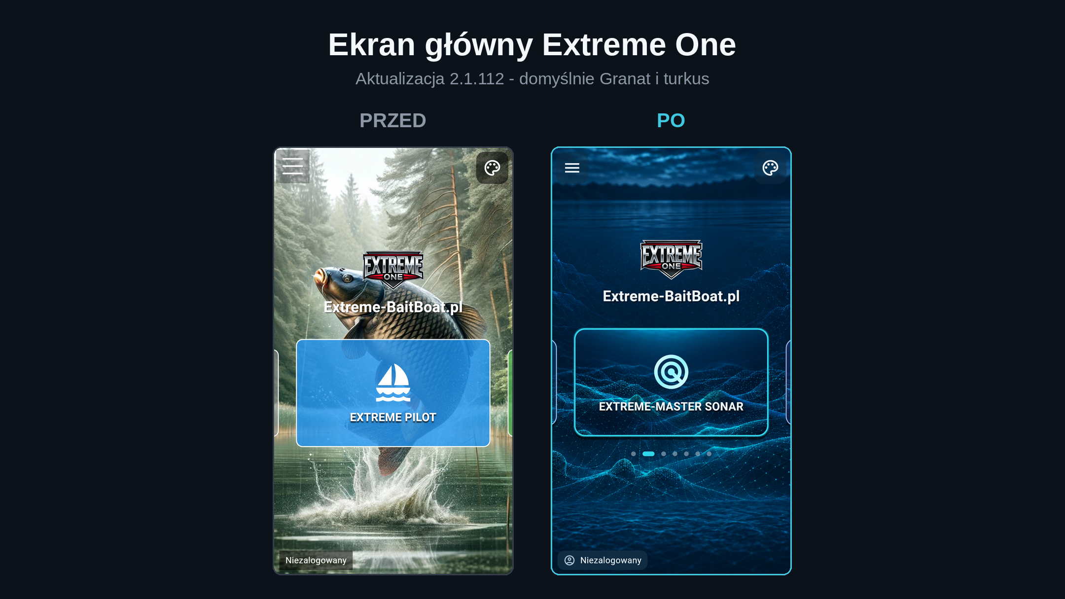 Extreme One - porównanie dotychczasowego ekranu głównego z nowym motywem Granat i turkus